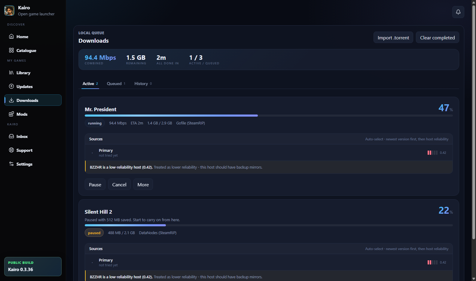 The Kairo downloads queue with an active transfer, a paused one, and per-source detail.