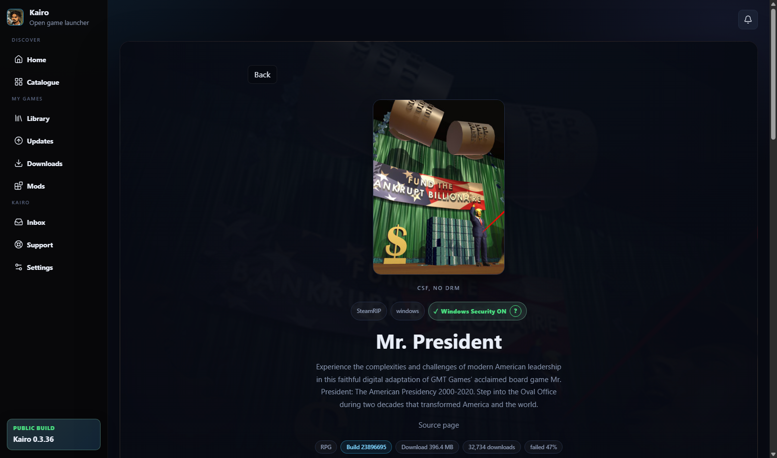 A Kairo game page showing the description, sources and install options.
