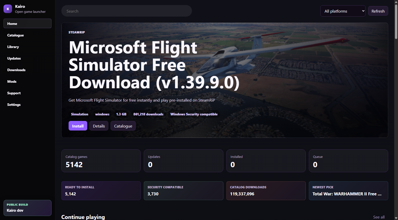 Kairo home screen showing the game catalog, library statistics, and navigation